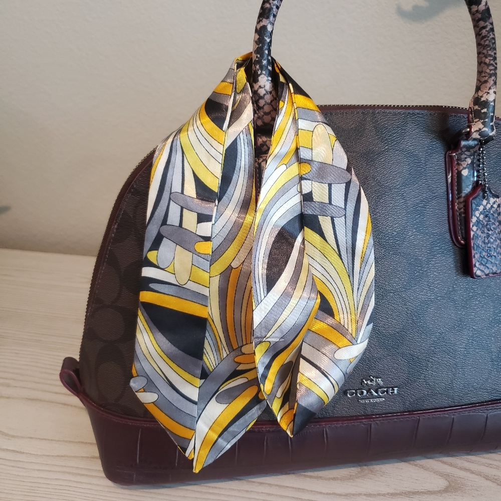 Twilly Scarf for purse bag hair etc Black Yellow silver white